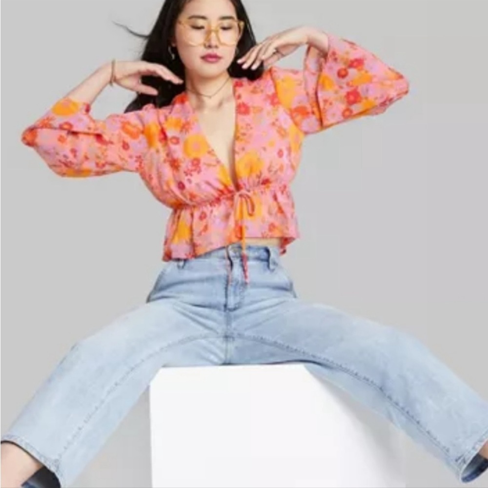 Wild Fable | Long Sleeve Floral Top | Tie-Front Woven Blouse | Medium